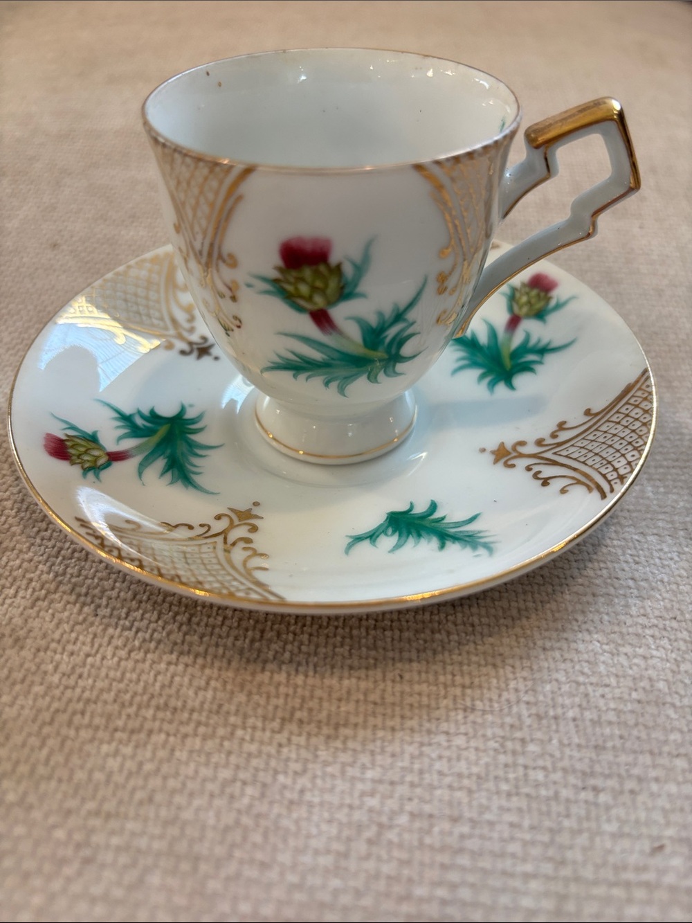 Vintage Ucagco China Footed Teacup and Saucer Set, Scottish Thistle, Gold Trim,